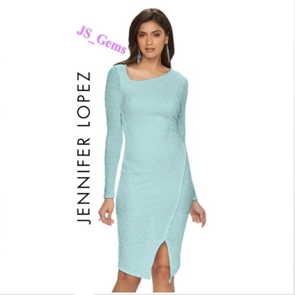 Jennifer Lopez Sweater Dress Womens Size 10 Blue Green Sequin Pearl Textured